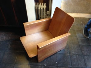 Interesting Oak armchair. Possible Arts & Crafts. Not clear whether it should have had upholstered seat and back pads but it looked very cool as it was.