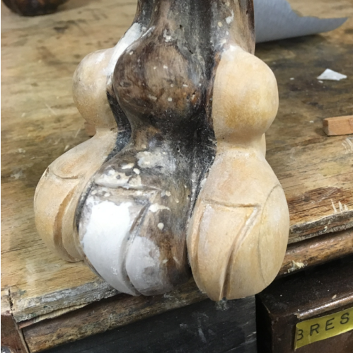 Carved foot repaired by 3 restorers of Hicthin